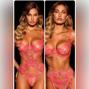 4pc Set Honey Birdette Bella Neon Pink 38H Bustier & Bra XXL Suspender & Thong